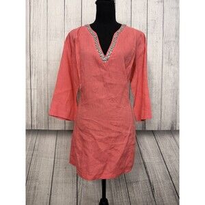 Malvin Women's XL Pink Rhinestone Crusted Linen Coral V-Neck Tunic Cover Up